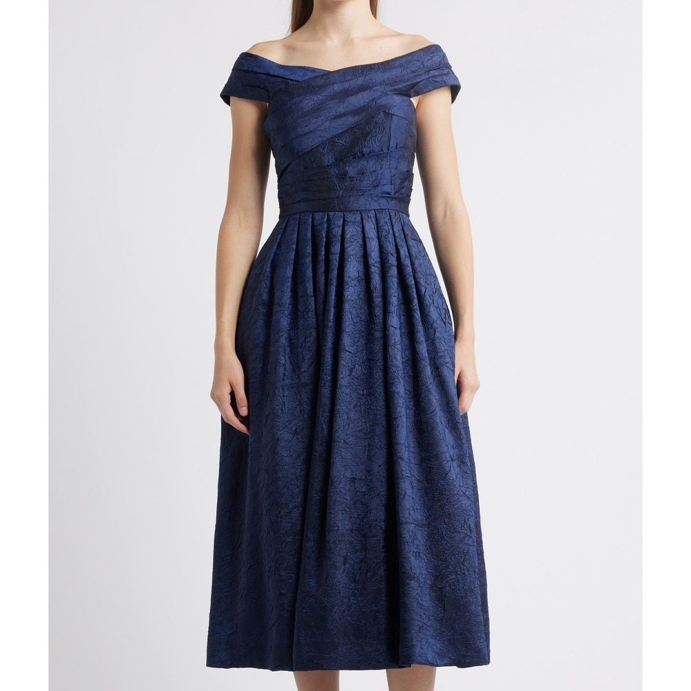 Tahari ASL Crushed Taffeta Off The Shoulder Navy Dress Womens Size 16 NWT